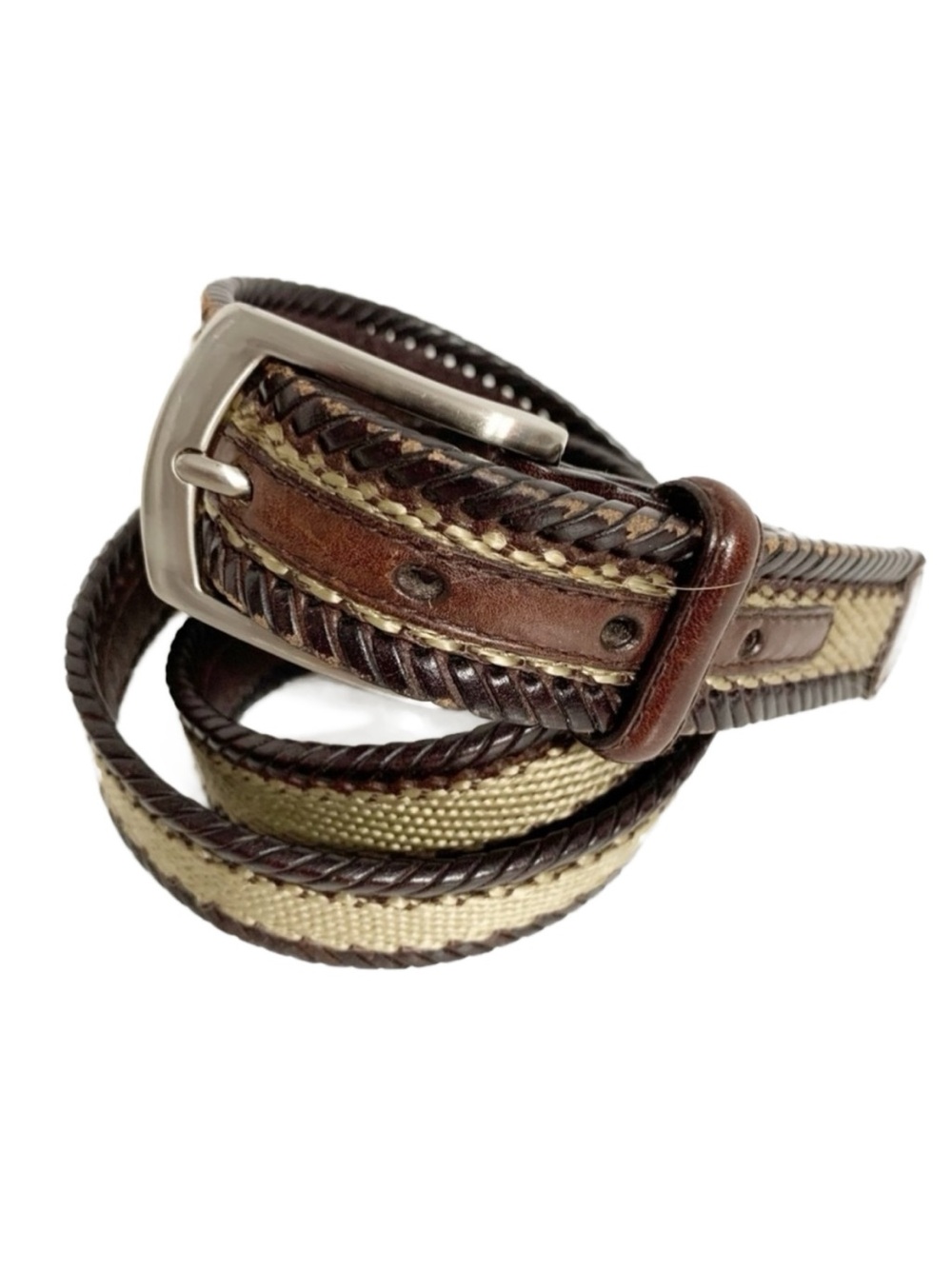 Ace Leather Belt Woven Sides Webbing Center Silver Toned Hardware Square Buckle